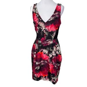 Weston Sleeveless Floral Print Red and Black V-Neck Sheath Dress